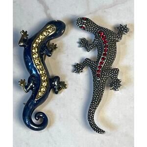 Vintage Lizard Brooch Lot Monet Enamel & Emmons Rhinestone Pins